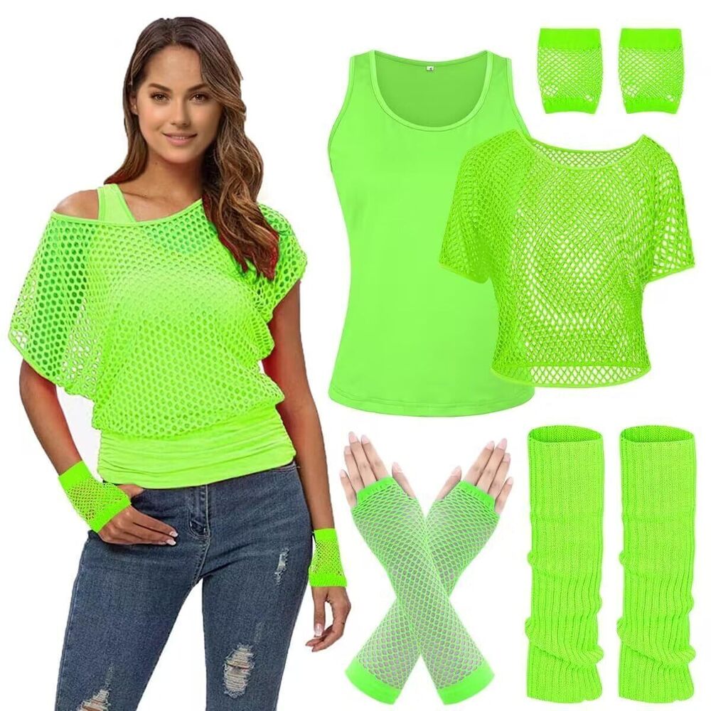 2847 Casual Sexy 80s Costumes Fishnet Neon Off Shoulder T-Shirt Two Pieces